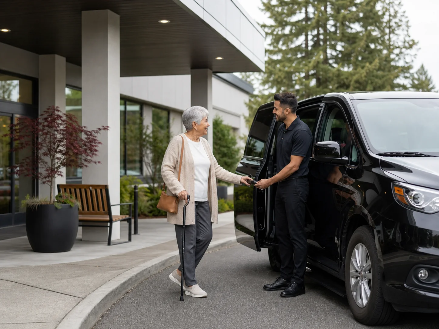 Professional driver welcoming an older passenger at a medical clinic
